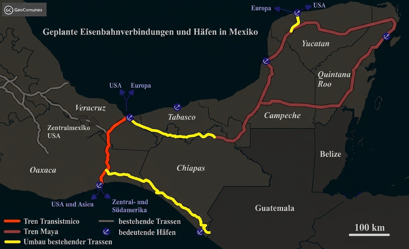 Eine detaillierte Karte von Südmexiko und Mittelamerika, die die geplanten und bestehenden Eisenbahnverbindungen und Häfen visualisiert. Die rote Linie stellt die Route des „Tren Maya“ als Schleife um die Halbinsel Yucatán (durch Campeche, Yucatán und Quintana Roo) dar. Die orangefarbene Linie markiert den „Tren Transistmico“, der die Landenge von Tehuantepec (durch Oaxaca, Chiapas, Tabasco und Veracruz) überquert. Gelbe Linien zeigen geplante Umbauten bestehender Trassen und graue Linien bestehende Trassen. Blaue Ankersymbole markieren bedeutende Häfen. Blaue Pfeile illustrieren globale Seeverbindungen zu Regionen wie den USA, Europa, Asien sowie Zentral- und Südamerika. Der Titel oben lautet „Geplante Eisenbahnverbindungen und Häfen in Mexiko“, mit einem GeoComunes-Logo. Ein Maßstab von 100 km ist unten rechts enthalten.